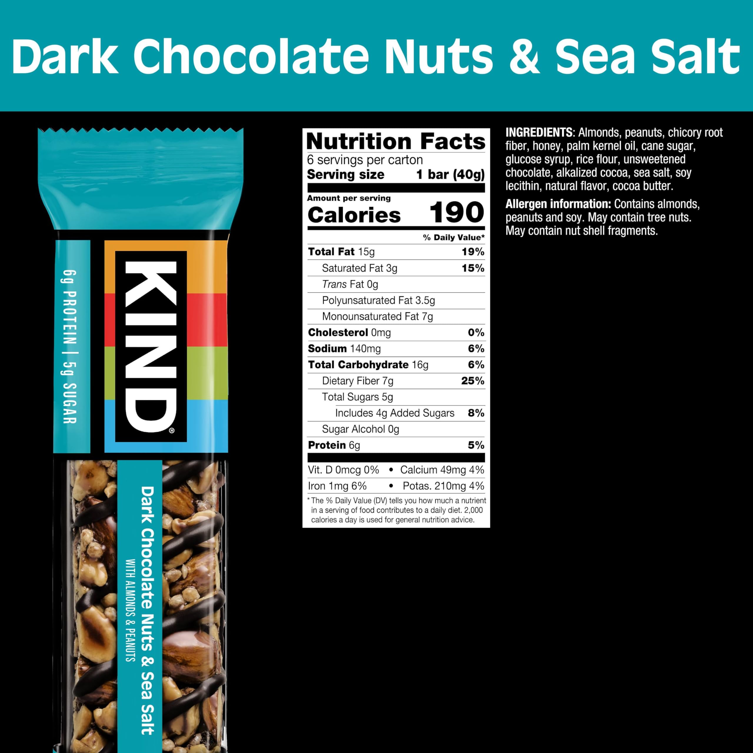 KIND Dark Chocolate Nuts & Sea Salt ingredients highlight almonds and peanuts.