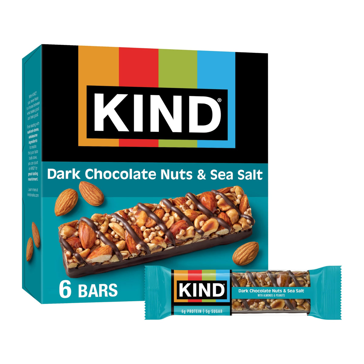 KIND Dark Chocolate Nuts & Sea Salt packaging shows a gluten-free snack on the go.