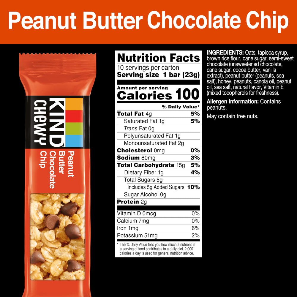 KIND granola chewy bar no artificial flavors, colors, or preservatives badge visible.