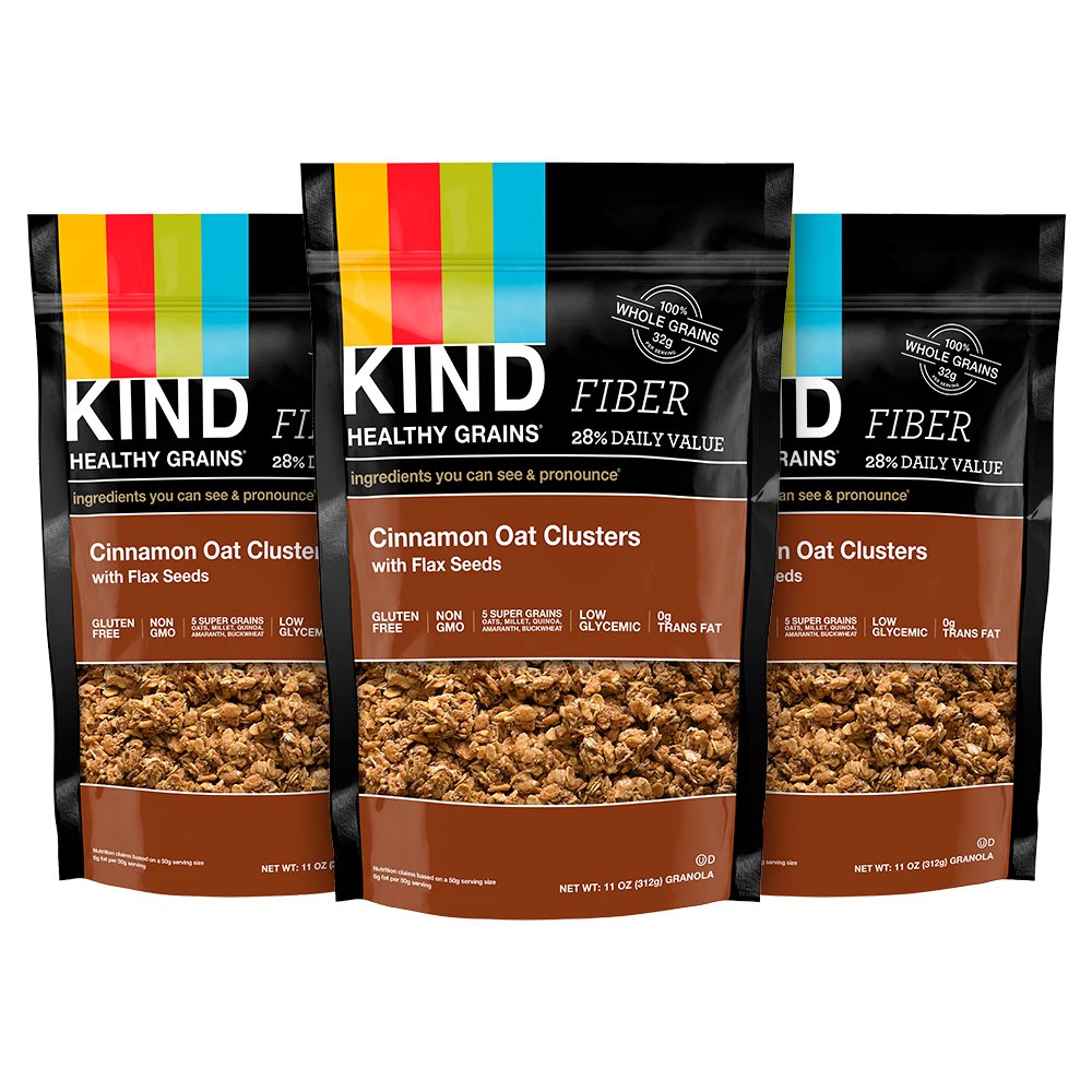 KIND Healthy Grains Cinnamon Granola packaging shown, gluten-free snack option