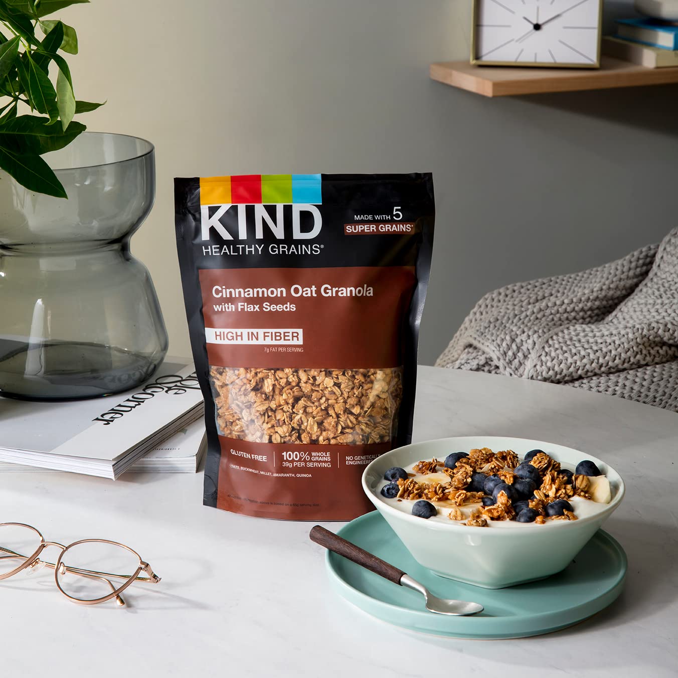 Snack-ready KIND Healthy Grains Cinnamon Granola with yogurt and fruit