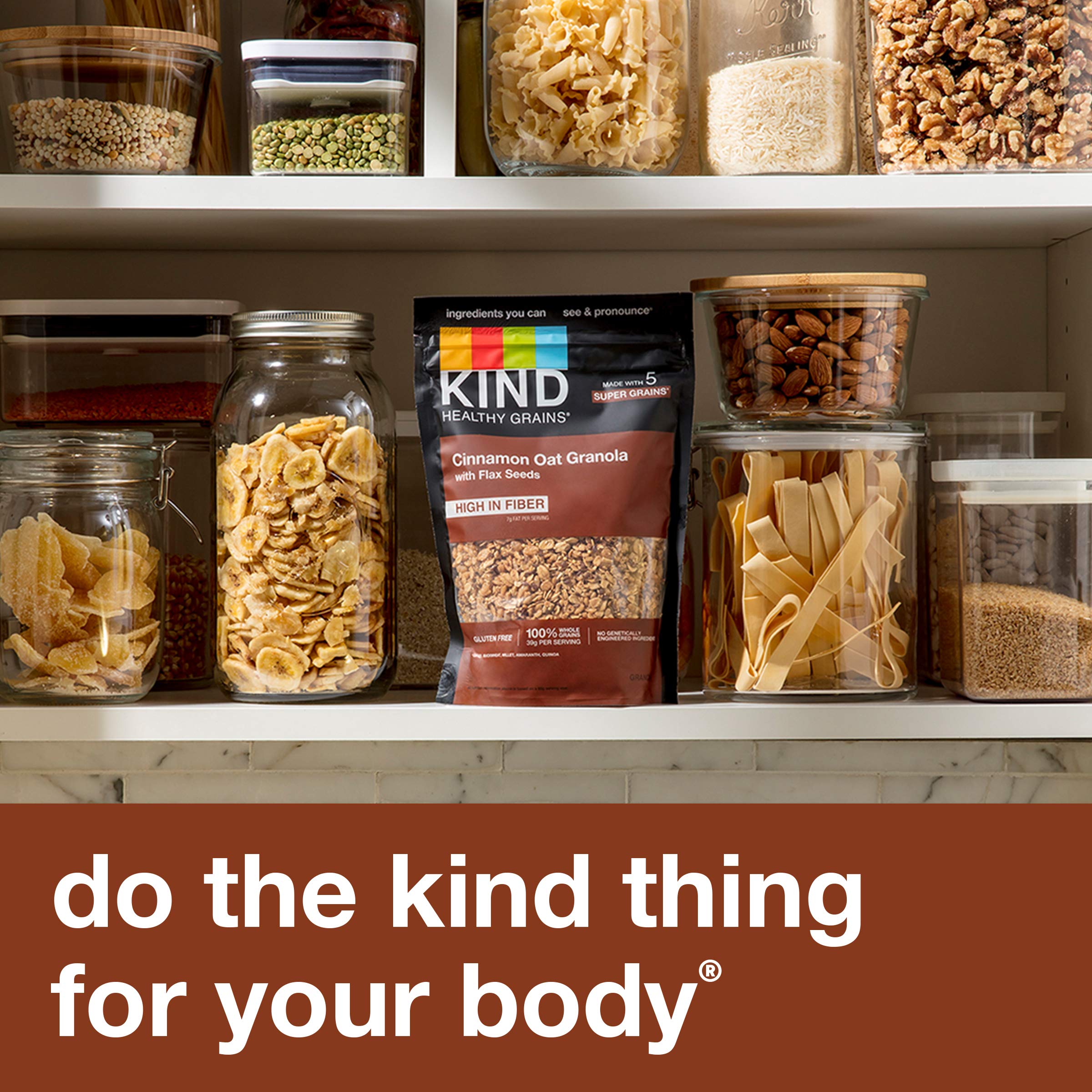 KIND Healthy Grains Cinnamon Oat Granola packaging on shelf signals gluten-free, Non-GMO snack
