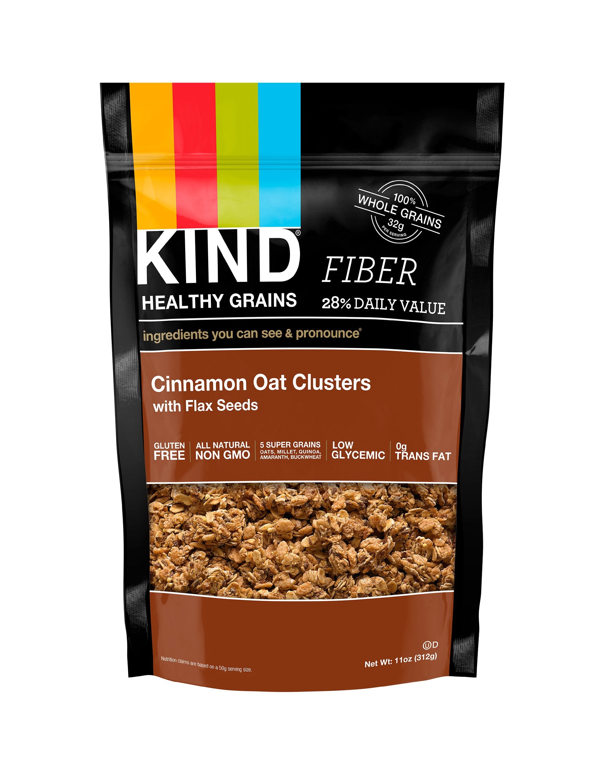 KIND Healthy Grains Clusters Cinnamon Oat with Flax Seeds, box front, on-the-go snack rich in fiber