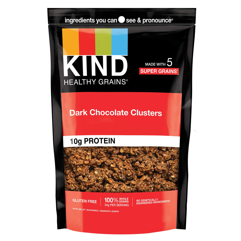 KIND Healthy Grains Dark Chocolate Clusters bag shows a protein-rich gluten-free snack.