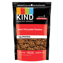 KIND Healthy Grains Dark Chocolate Clusters bag shows a protein-rich gluten-free snack.
