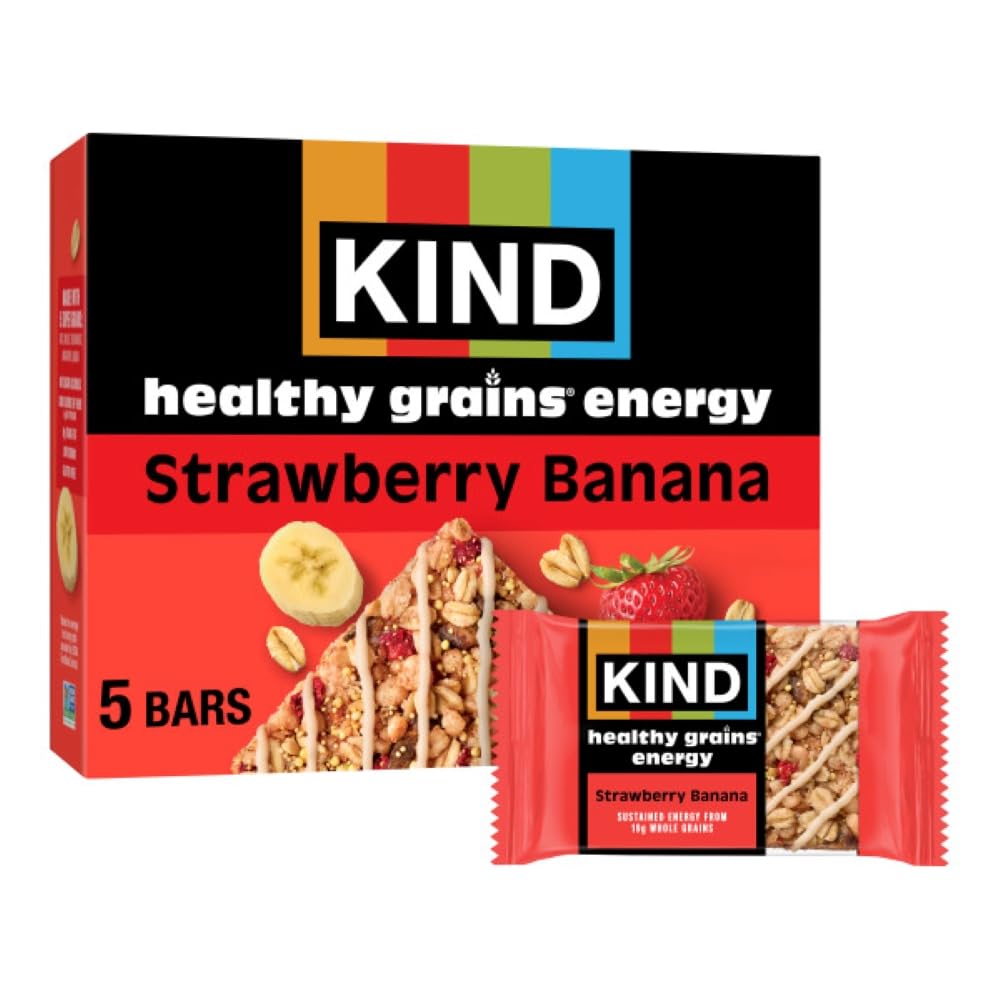 KIND Healthy Grains Energy Bars Strawberry Banana pack front view, gluten free snack