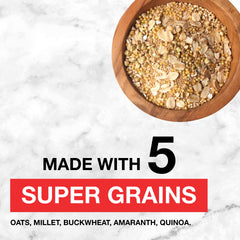 KIND Healthy Grains five super grains ingredients layout with oats, buckwheat, millet, amaranth, quinoa.