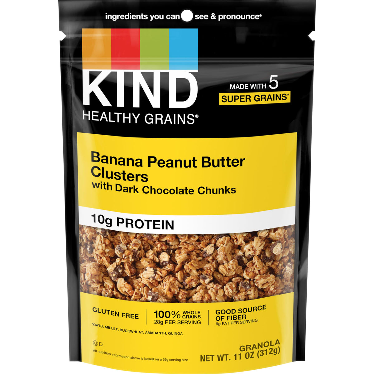 KIND Healthy Grains granola banana peanut butter dark chocolate chunks in an 11 oz bag.