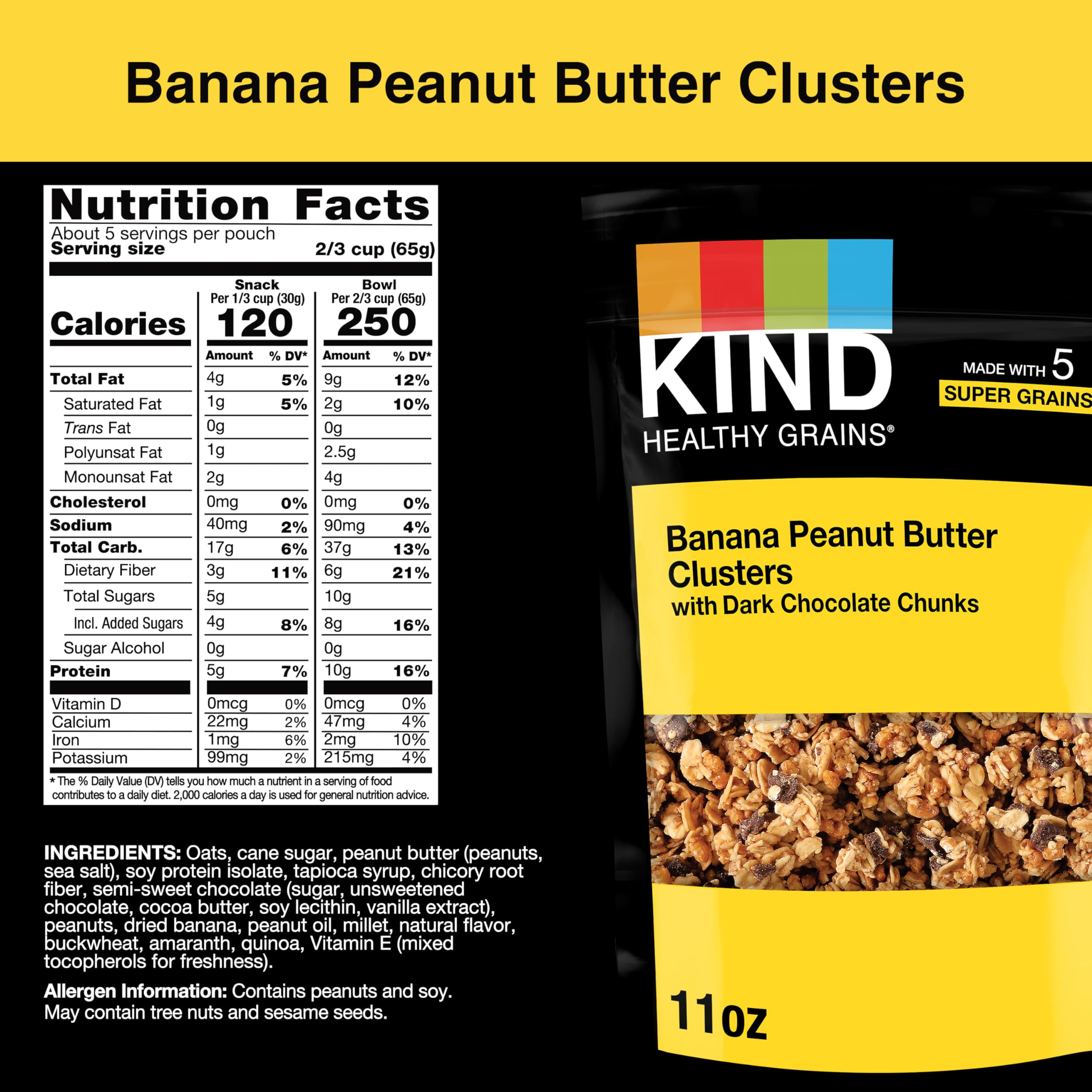 KIND Healthy Grains granola closeup shows dried banana and peanut butter.