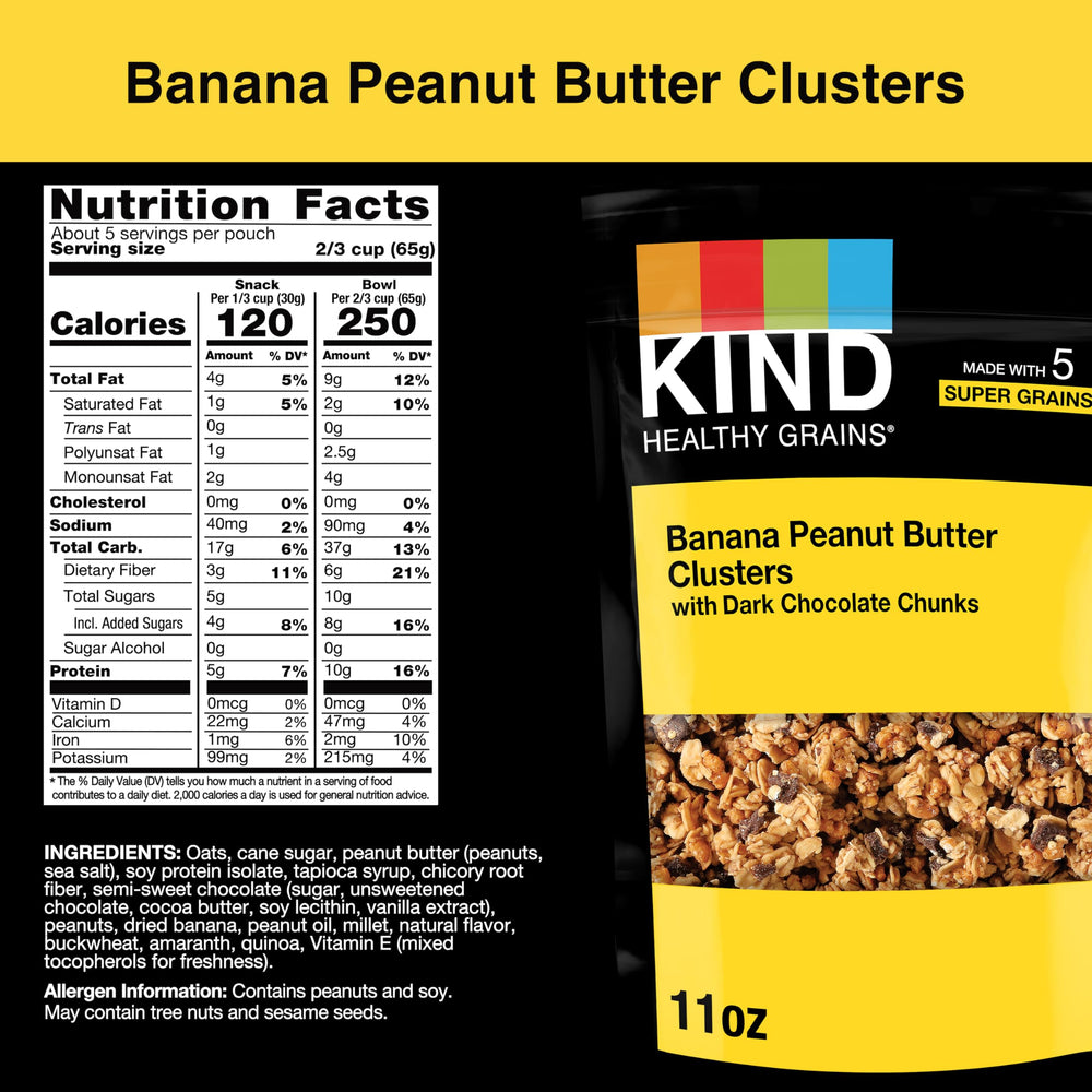 KIND Healthy Grains granola closeup shows dried banana and peanut butter.