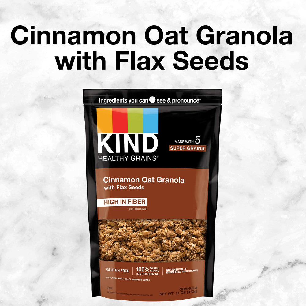 KIND Healthy Grains Granola Cinnamon Oat Flax Seeds Closeup — flax texture and color in focus.
