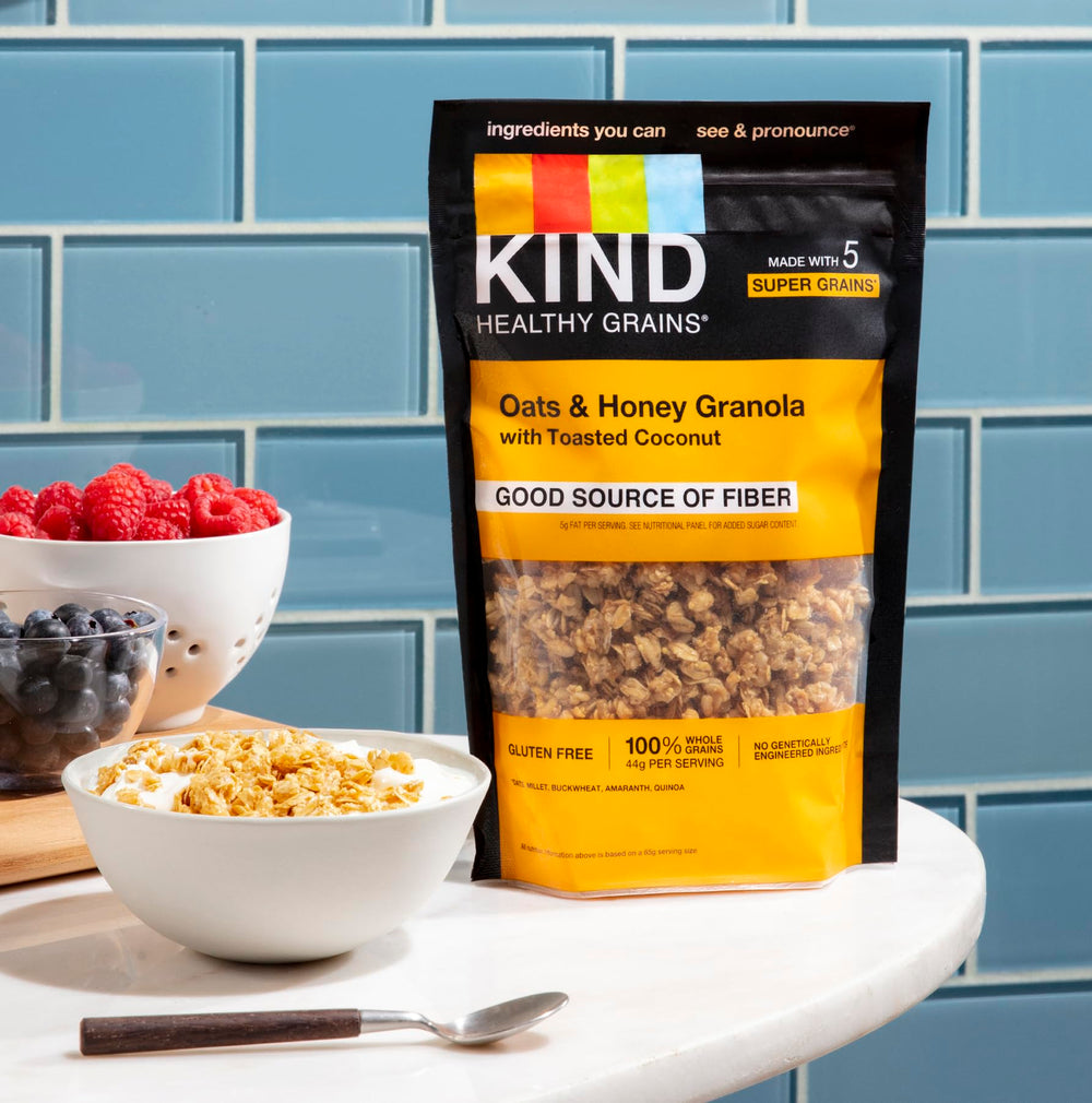 Kind Healthy Grains Granola features five super grains for a wholesome crunch.