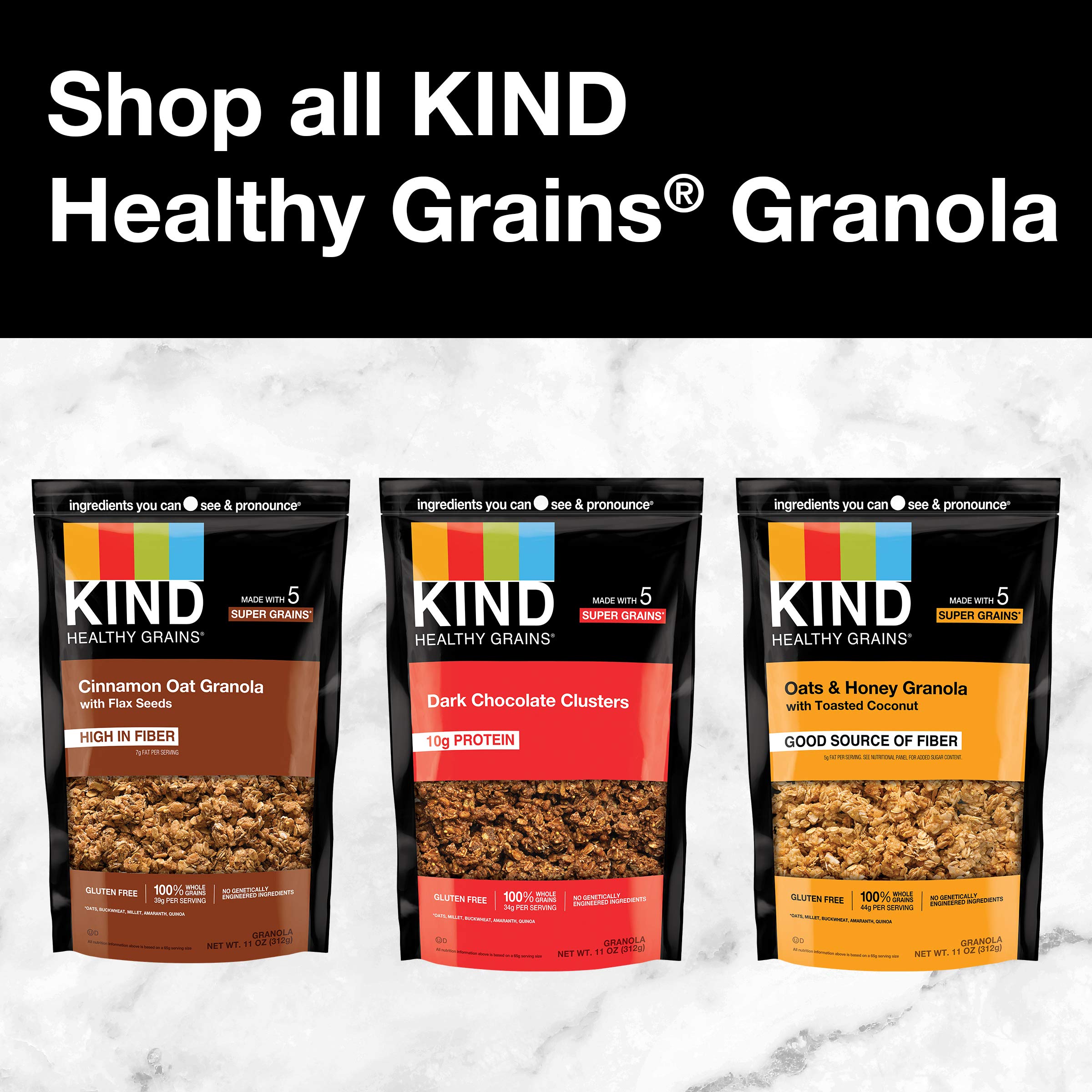 Six 11 oz bags of KIND Healthy Grains Granola displayed