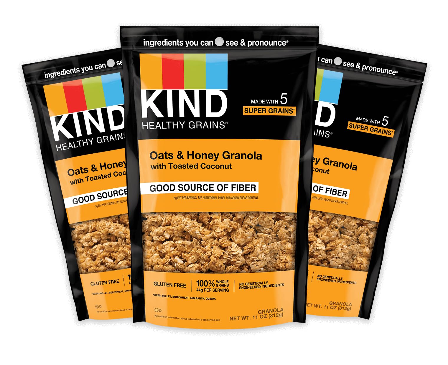Kind Healthy Grains Granola three 11-ounce bags for convenient snacking.