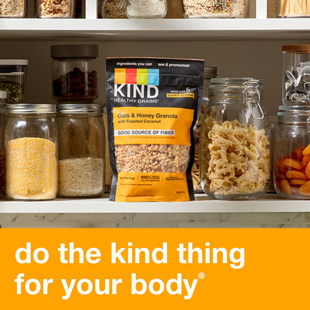 Kind Healthy Grains Granola with toasted coconut and honey flavor for tasty energy.