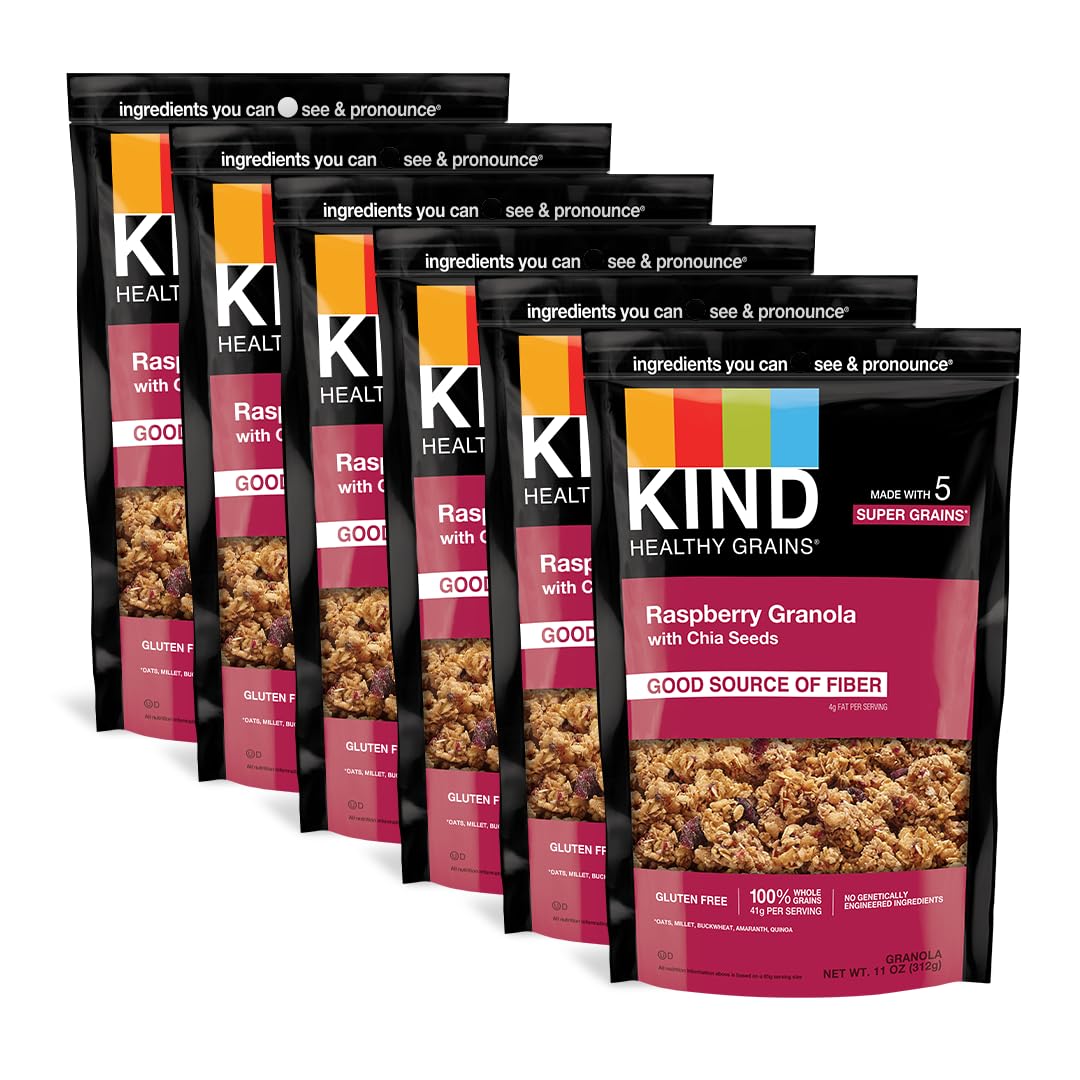 KIND Healthy Grains Raspberry Granola with chia seeds in a bowl, ideal for yogurt or cereal.