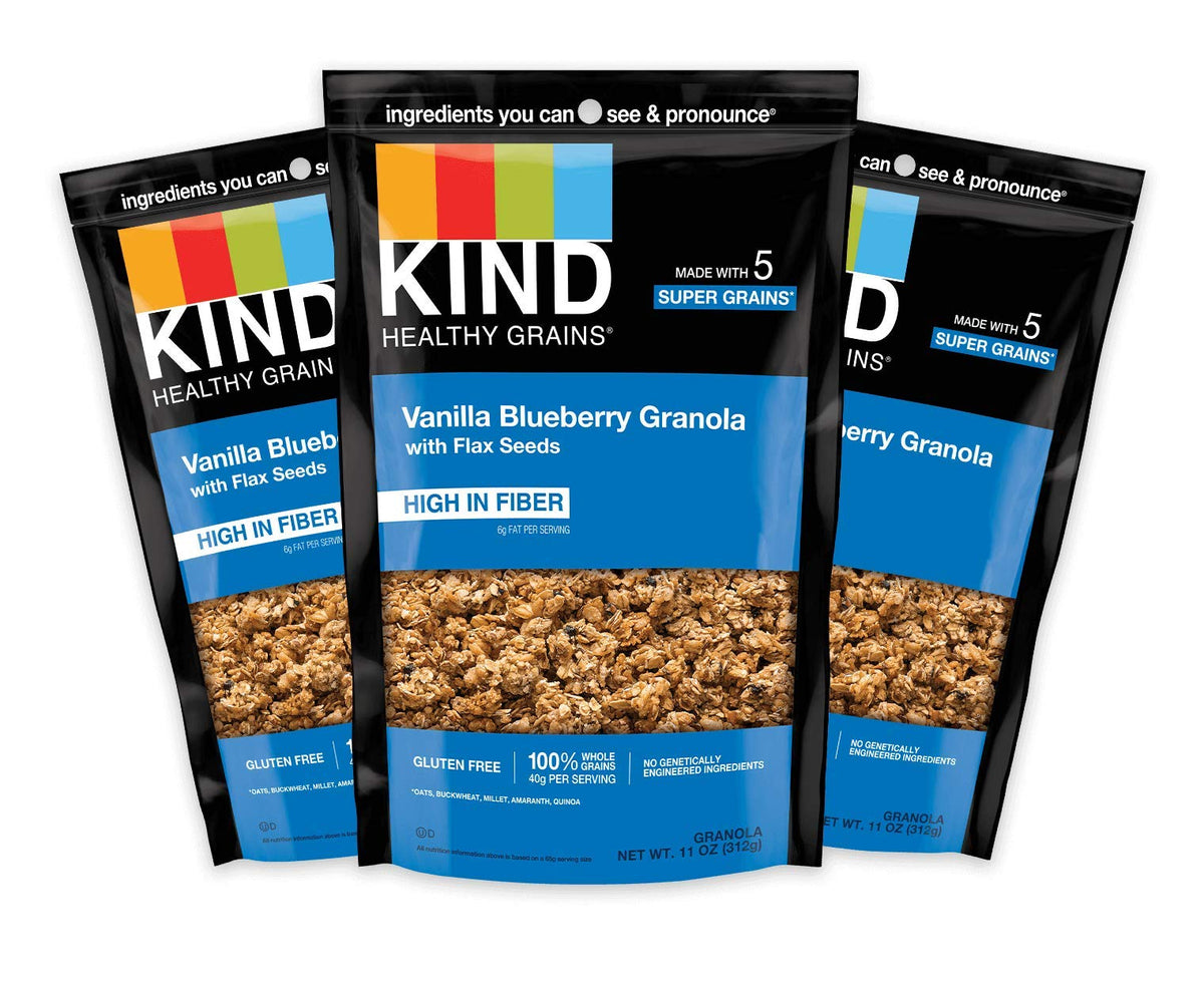 Kind Healthy Grains vanilla blueberry granola bag highlights gluten-free whole grain snack.