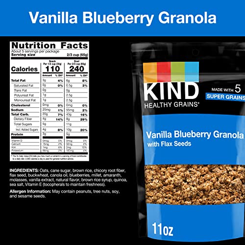 Kind Healthy Grains vanilla blueberry granola clusters close-up, ideal for a high-fiber snack.