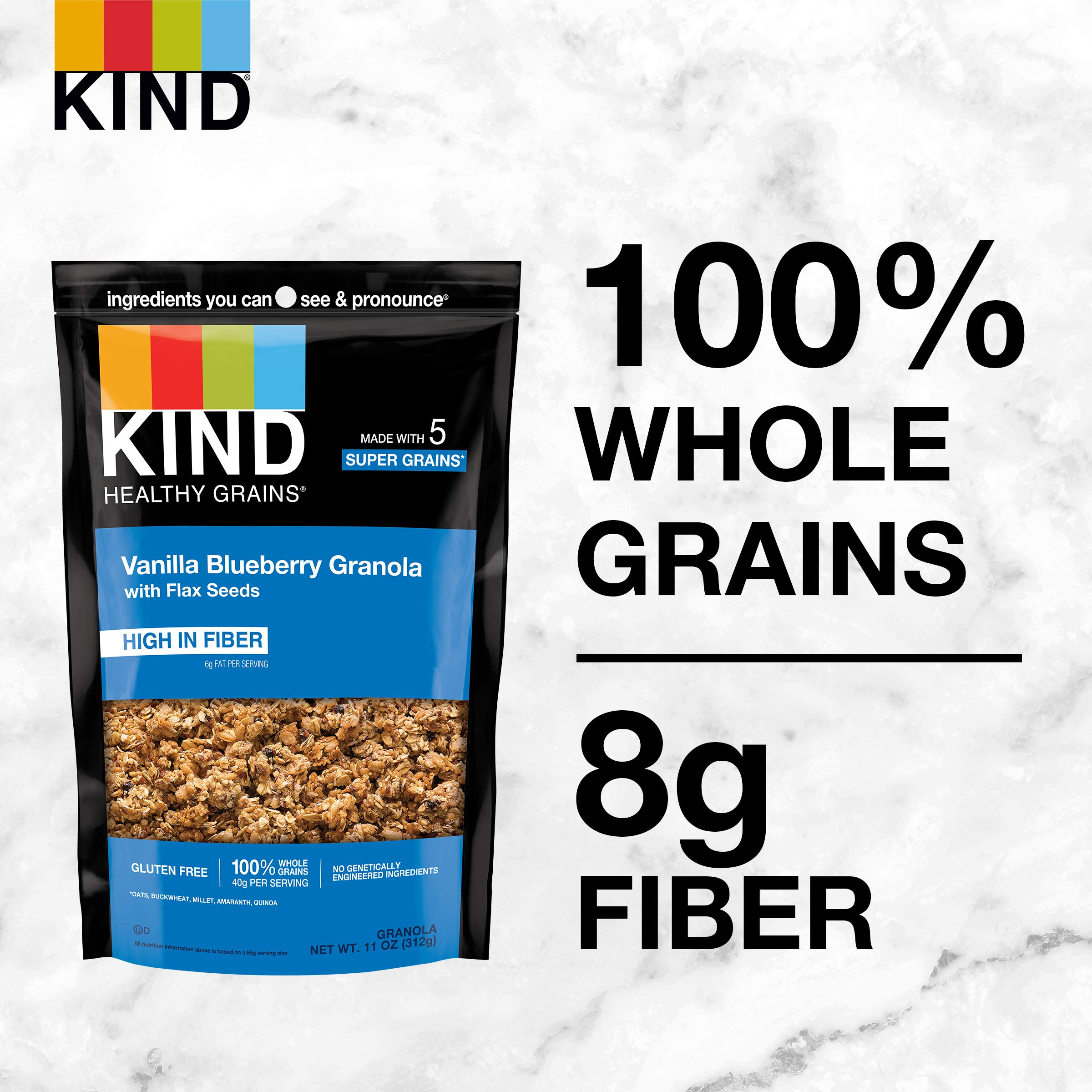 Kind Healthy Grains vanilla blueberry granola with yogurt on spoon, portable snack.