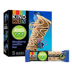 Kind Kids blueberry muffin bar pack shot, allergen friendly school snack option