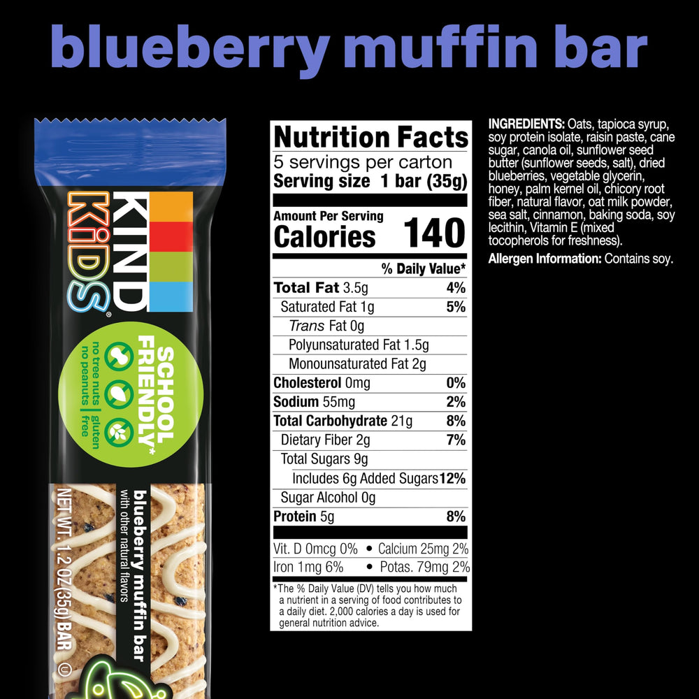 Kind Kids soft-baked texture close-up highlighting oats, blueberries, and 5g protein
