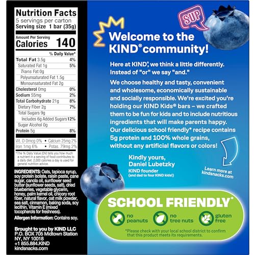 Kind Kids blueberry muffin bar unwrapped, convenient school snack with nut free gluten free promise
