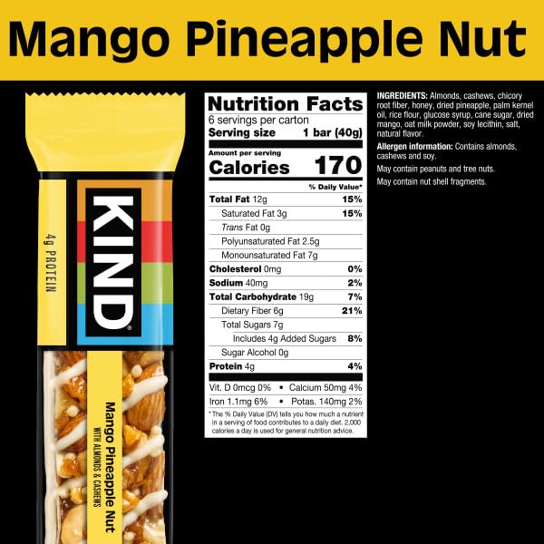 Close-up of KIND Mango Pineapple Nut bar showing real fruit and nuts.