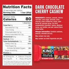 KIND Minis dark chocolate cherry cashew close-up showing a glossy chocolate and crunchy nuts