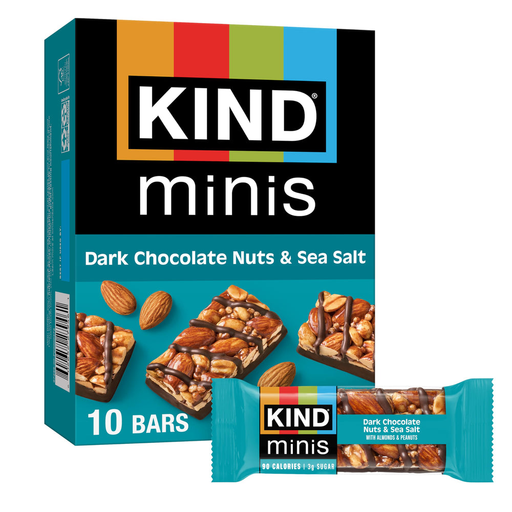 KIND Minis dark chocolate nuts sea salt bars in packshot, gluten-free and low-sugar.