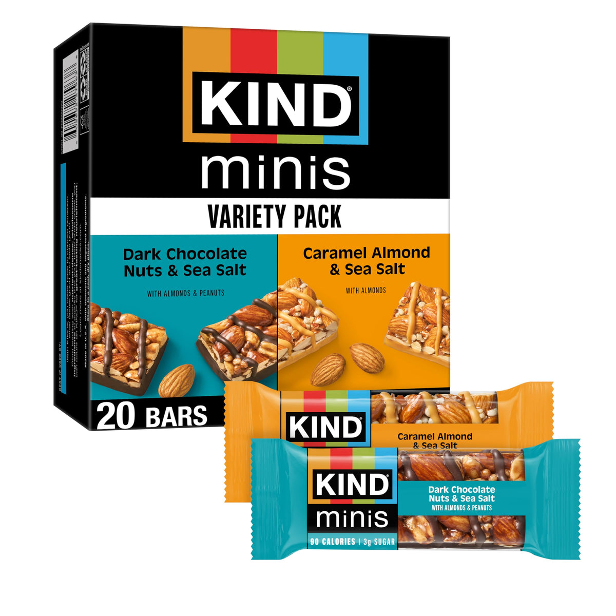KIND Minis Dark Chocolate Nuts and Sea Salt front pack showing a balanced snack