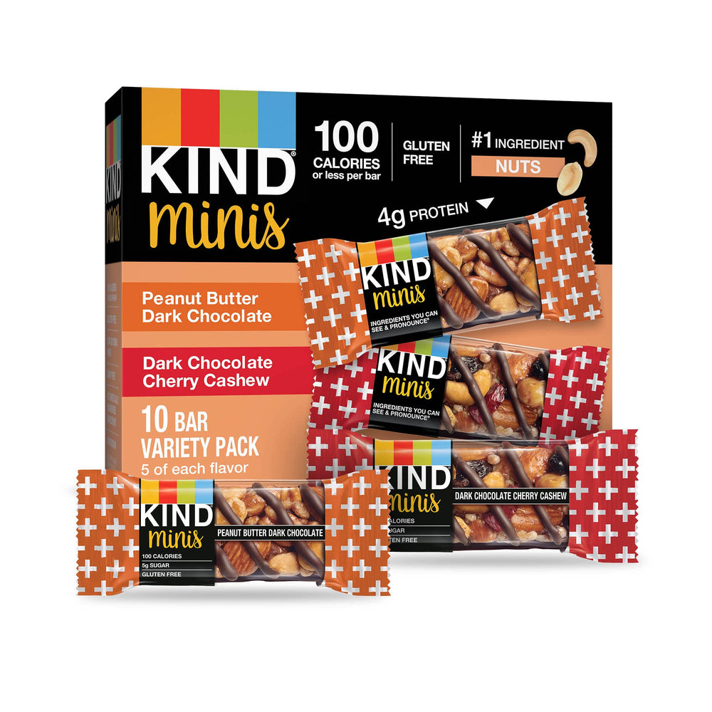 KIND Minis Variety Pack front view featuring two flavors, ideal for quick on-the-go snacking.