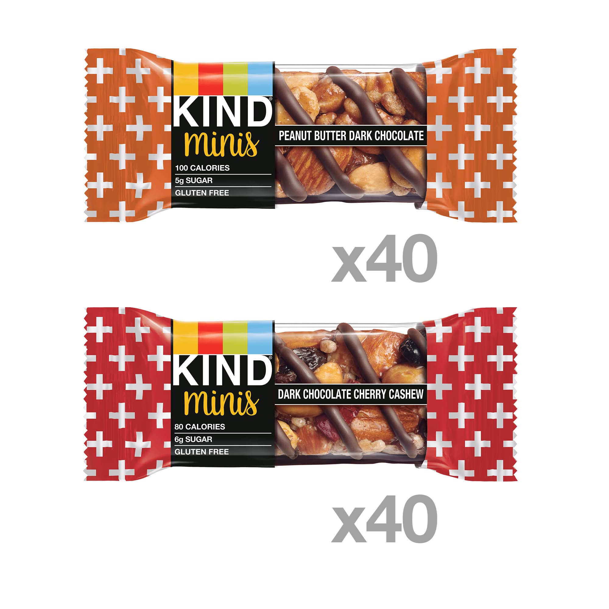 KIND Minis lineup with dark chocolate cherry cashew and peanut butter dark chocolate bars, ready to enjoy.