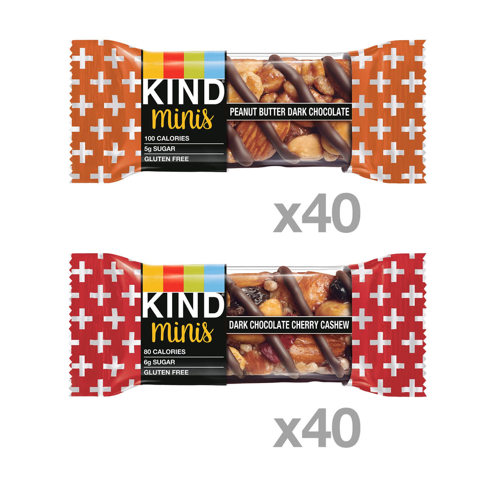KIND Minis lineup with dark chocolate cherry cashew and peanut butter dark chocolate bars, ready to enjoy.