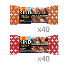 KIND Minis lineup with dark chocolate cherry cashew and peanut butter dark chocolate bars, ready to enjoy.