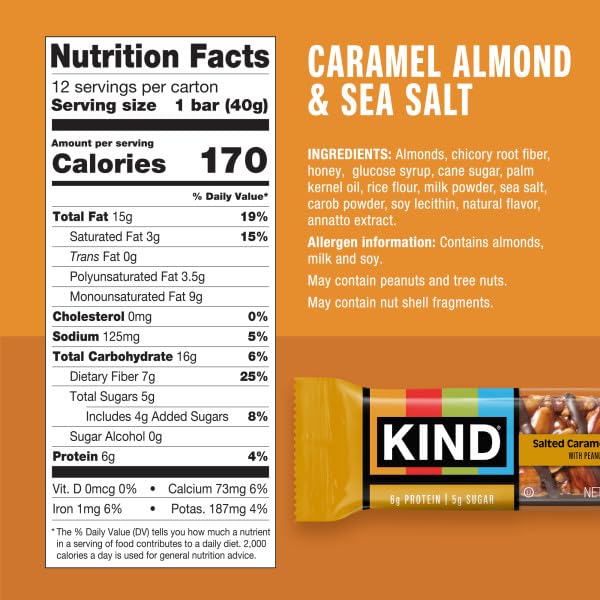 KIND Caramel Almond & Sea Salt bar closeup highlights almonds and caramel flavor for a tasty, convenient snack.