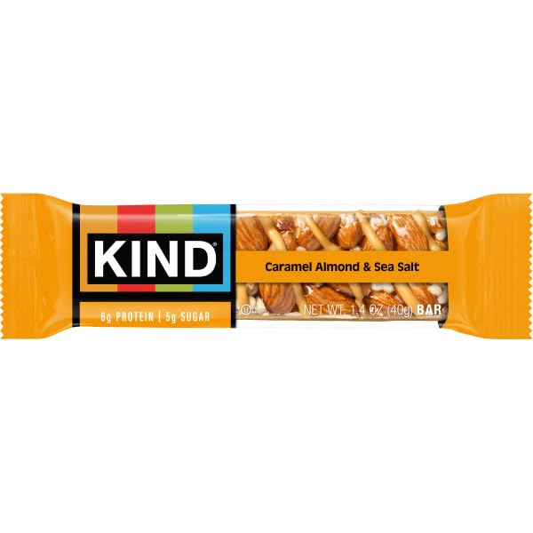 KIND Caramel Almond & Sea Salt image focuses on fiber and protein content for balanced snacking.