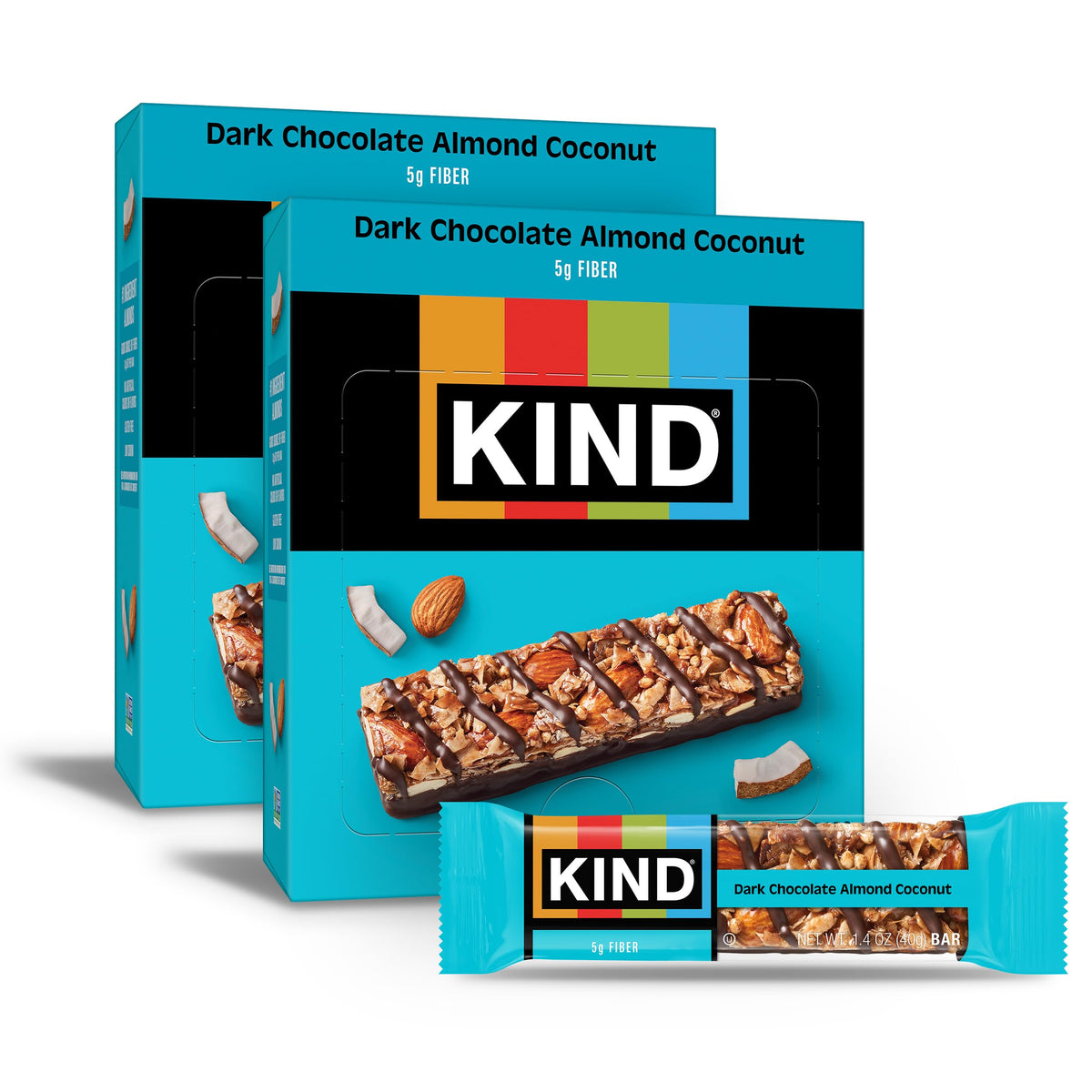 KIND packaging for dark chocolate almond coconut highlights gluten-free on-the-go snacking.