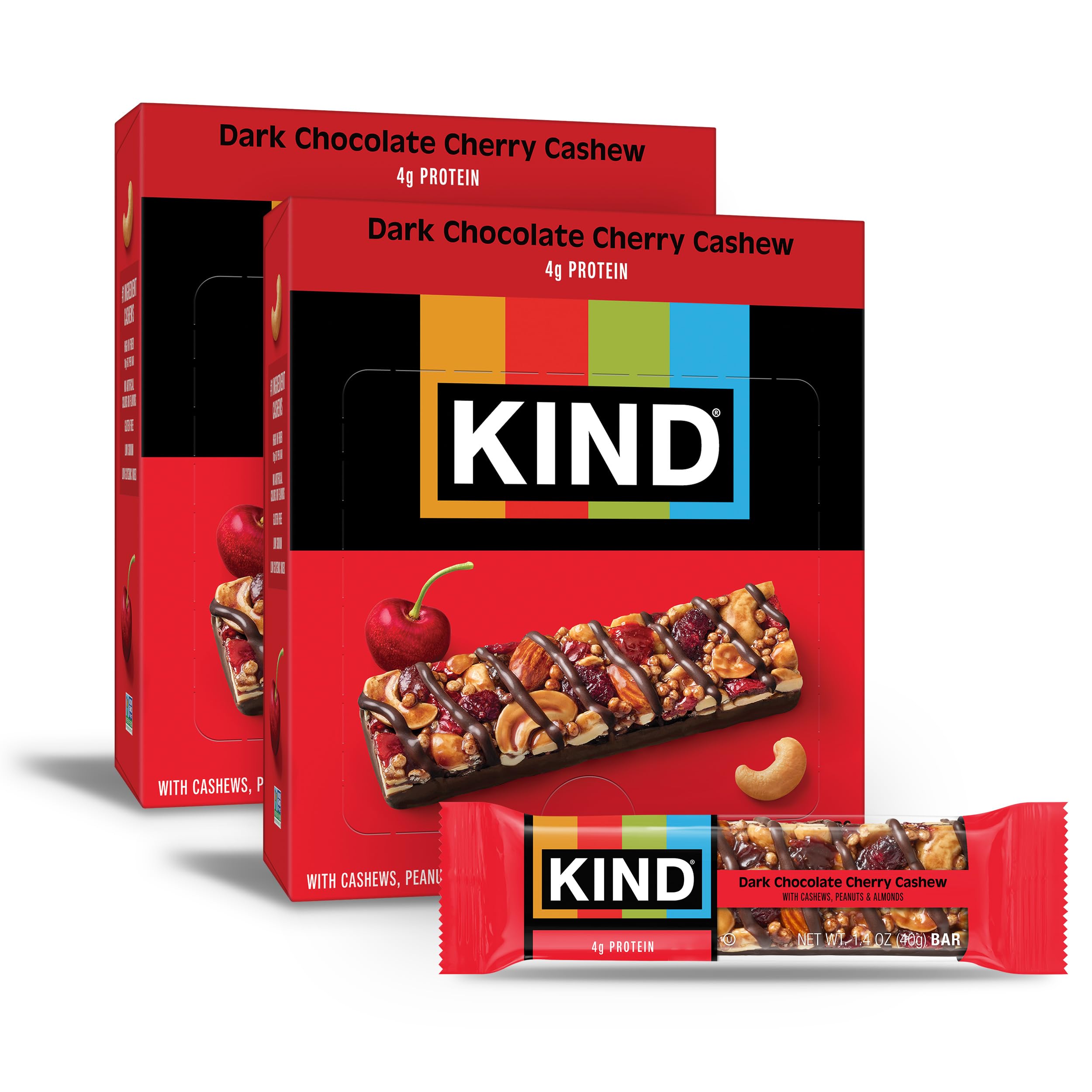 KIND Nut Bars Dark Chocolate Cherry Cashew pack for on-the-go snacking.