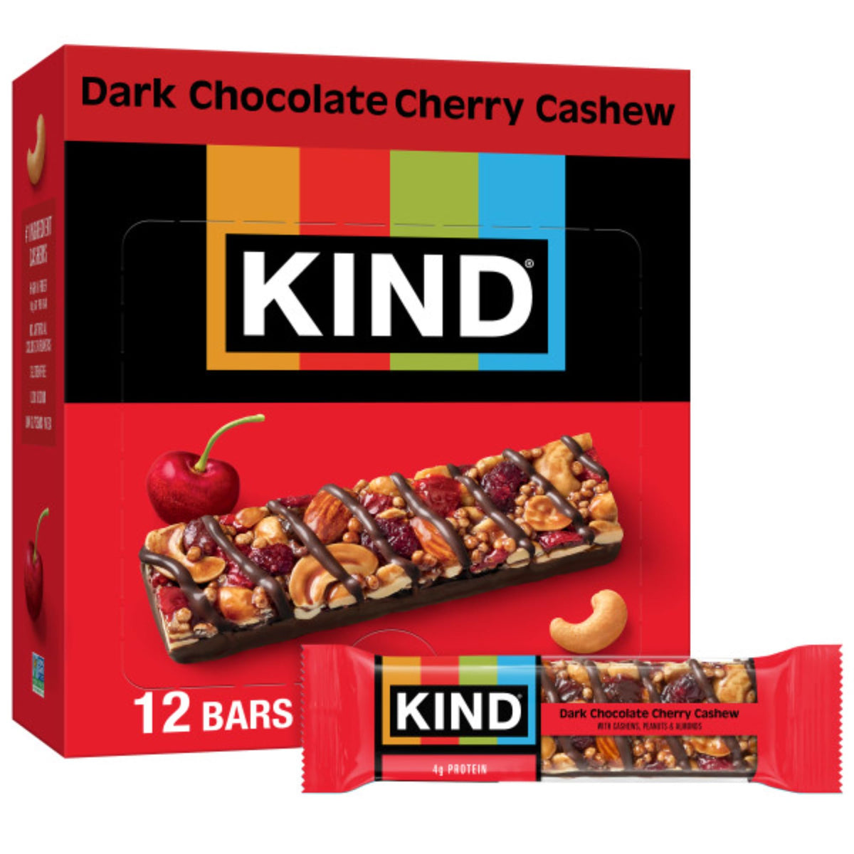 KIND Dark Chocolate Cherry Cashew packaging showing gluten-free, on-the-go snack.