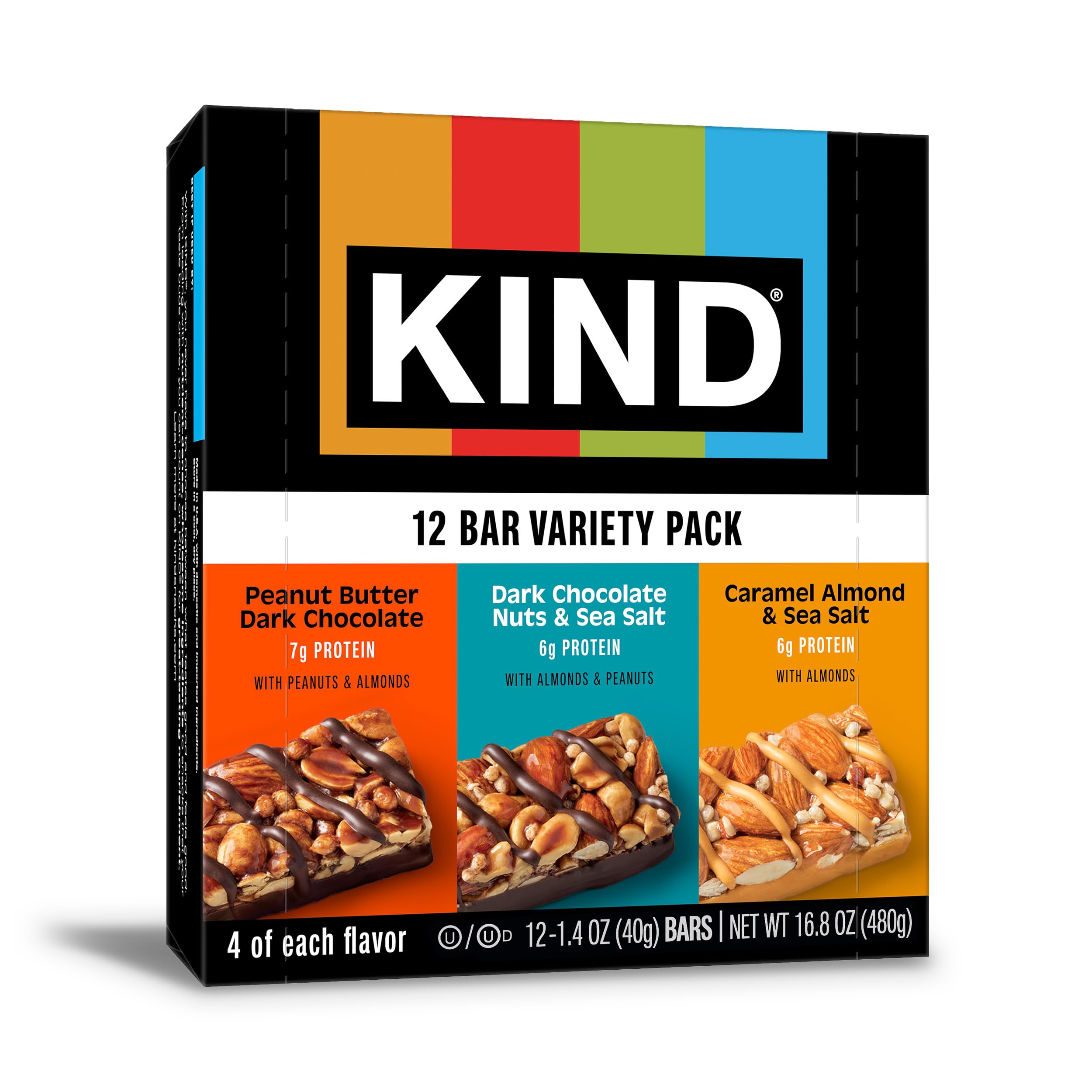 KIND Dark Chocolate Nuts & Sea Salt bar with almonds as the #1 ingredient, protein-rich.