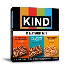 KIND Dark Chocolate Nuts & Sea Salt bar with almonds as the #1 ingredient, protein-rich.