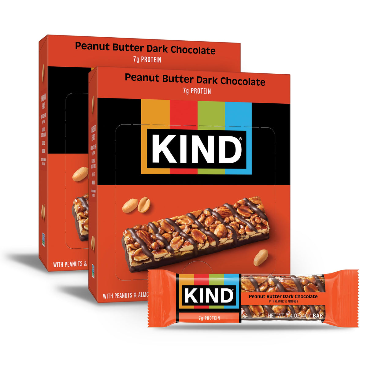 KIND Peanut Butter Dark Chocolate bar packaging highlights gluten-free and non-GMO.
