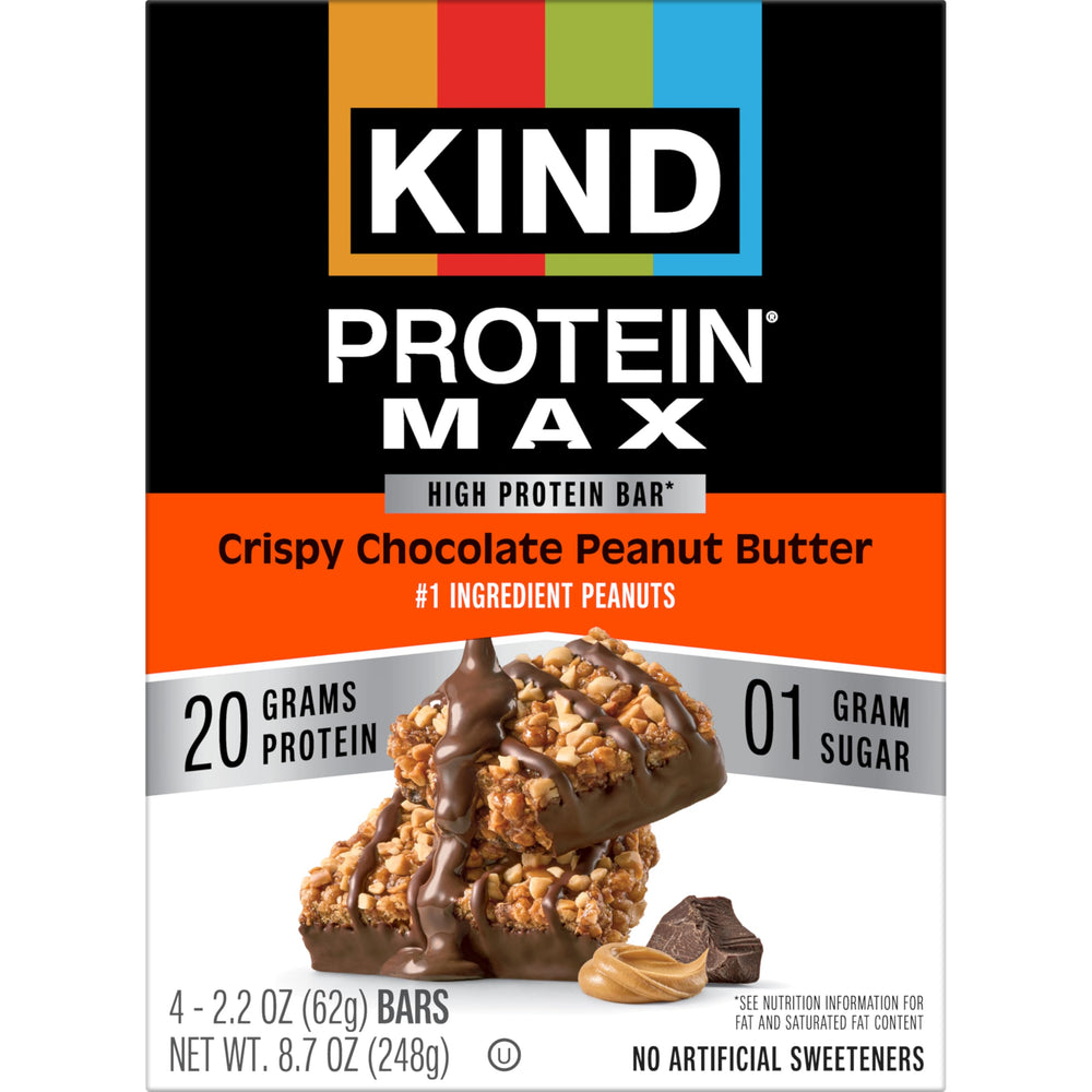 KIND Protein MAX nutrition panel showing 20 g protein and sugar info
