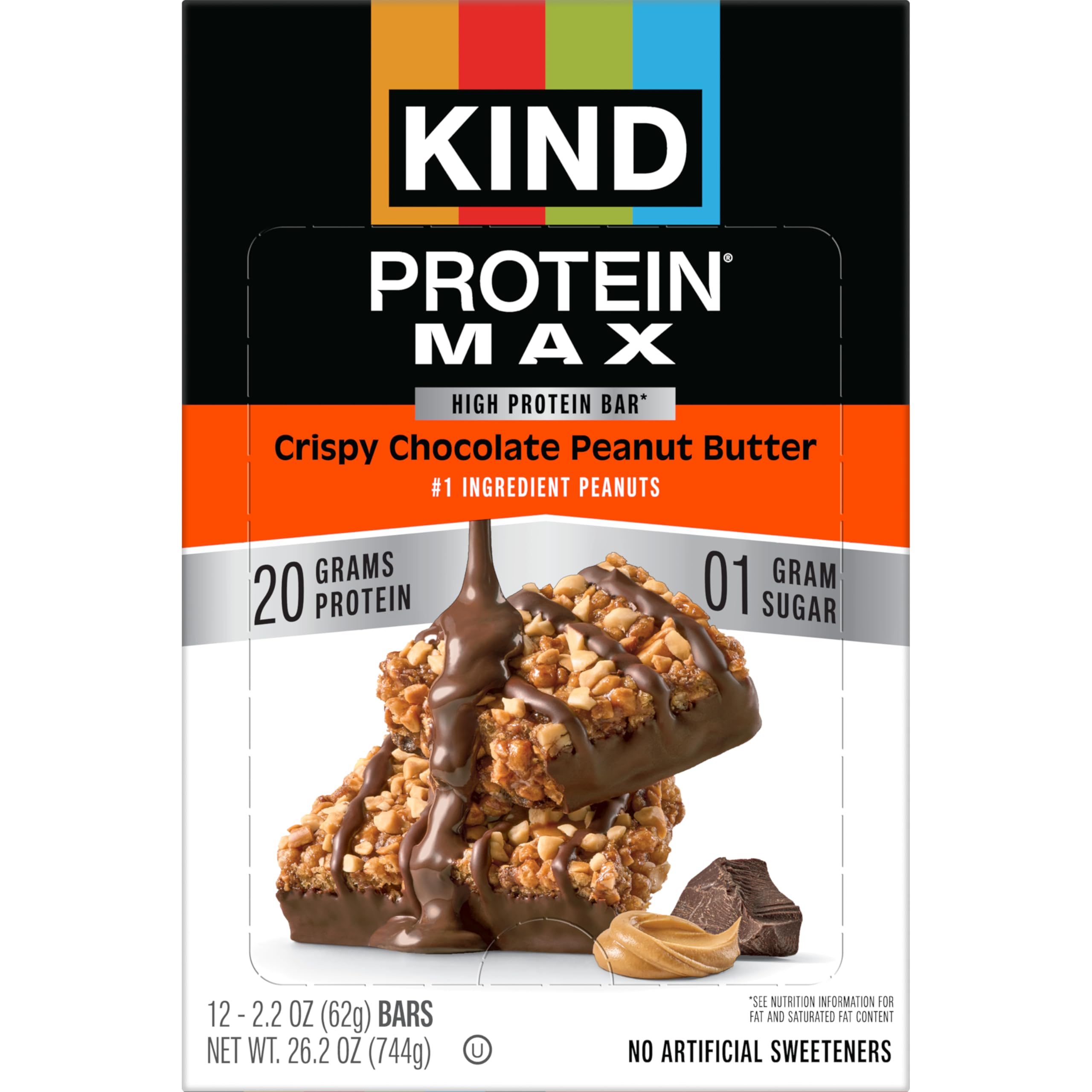 KIND Protein MAX nutrition label view shows 1g total sugar.