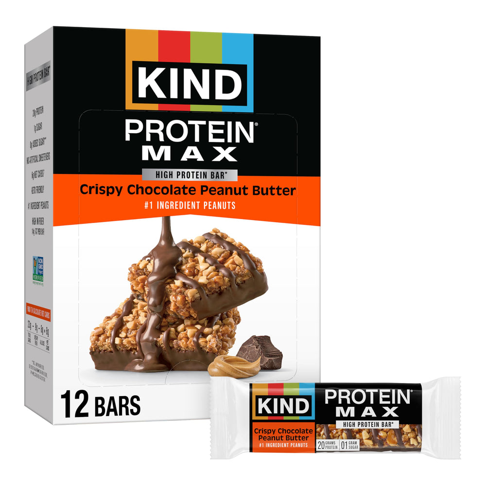 KIND Protein MAX packaging shows crispy chocolate peanut butter for on-the-go fueling.