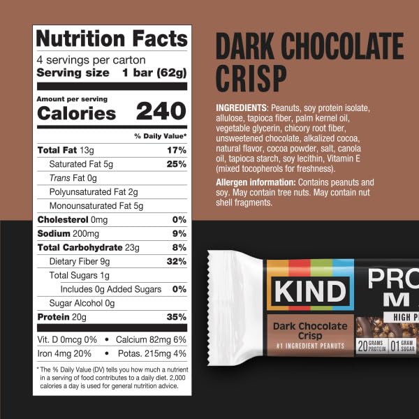 KIND Protein MAX dark chocolate crisp close-up, highlighting chewy texture and clean ingredients.