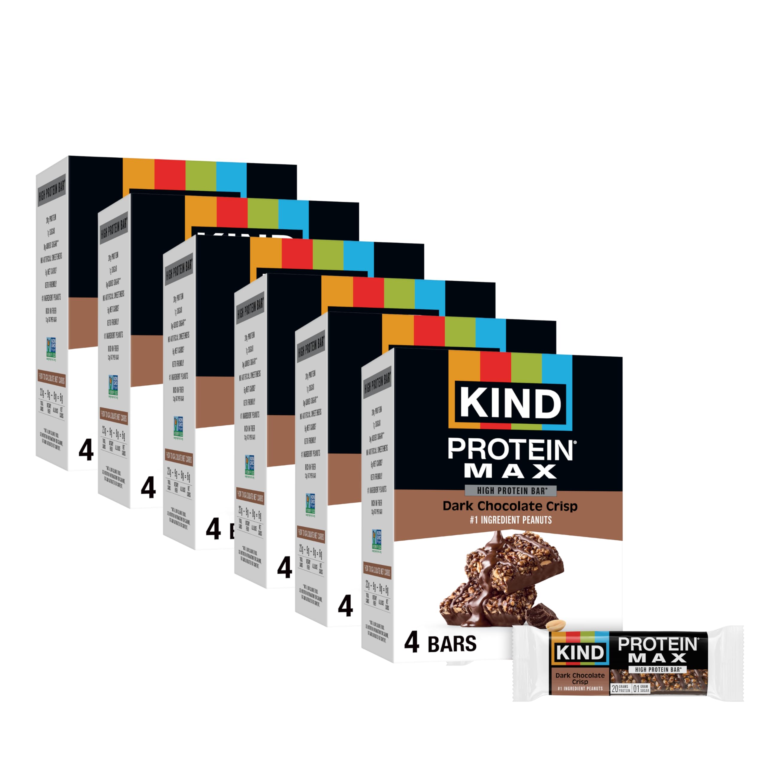 KIND Protein MAX dark chocolate crisp bar pack, convenient high-protein snack on the go.