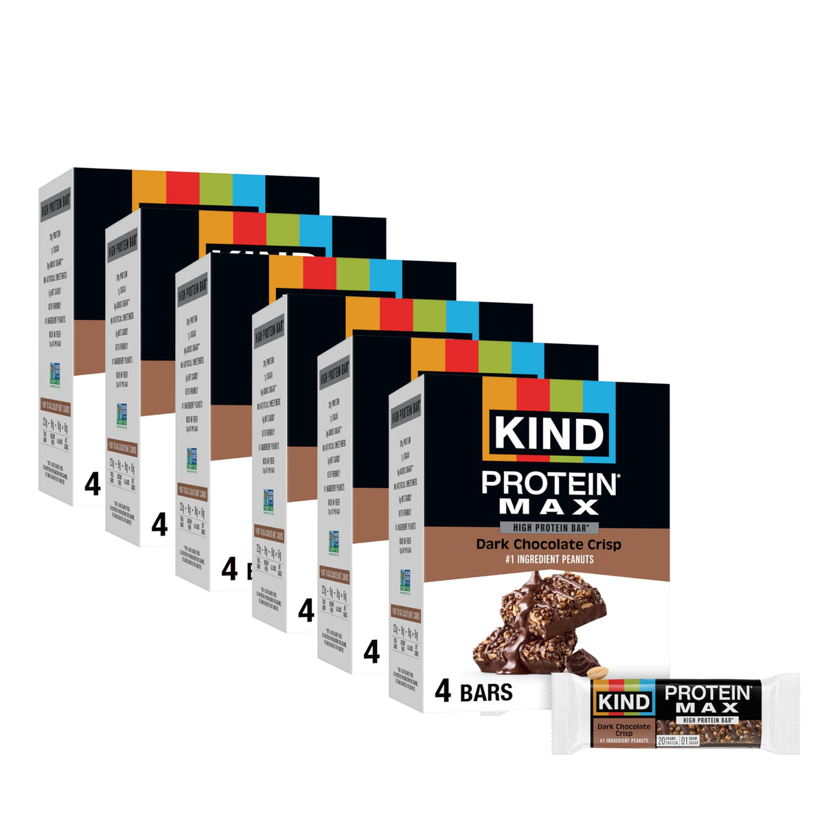 KIND Protein MAX dark chocolate crisp bar pack, convenient high-protein snack on the go.
