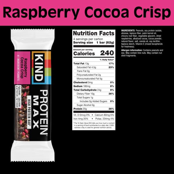 KIND Protein MAX Raspberry Cocoa Crisp packaging shows a convenient four-bar box for quick snacking