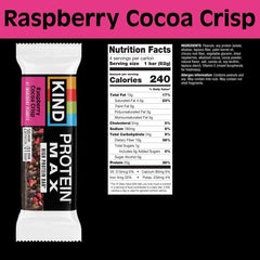 KIND Protein MAX Raspberry Cocoa Crisp packaging shows a convenient four-bar box for quick snacking